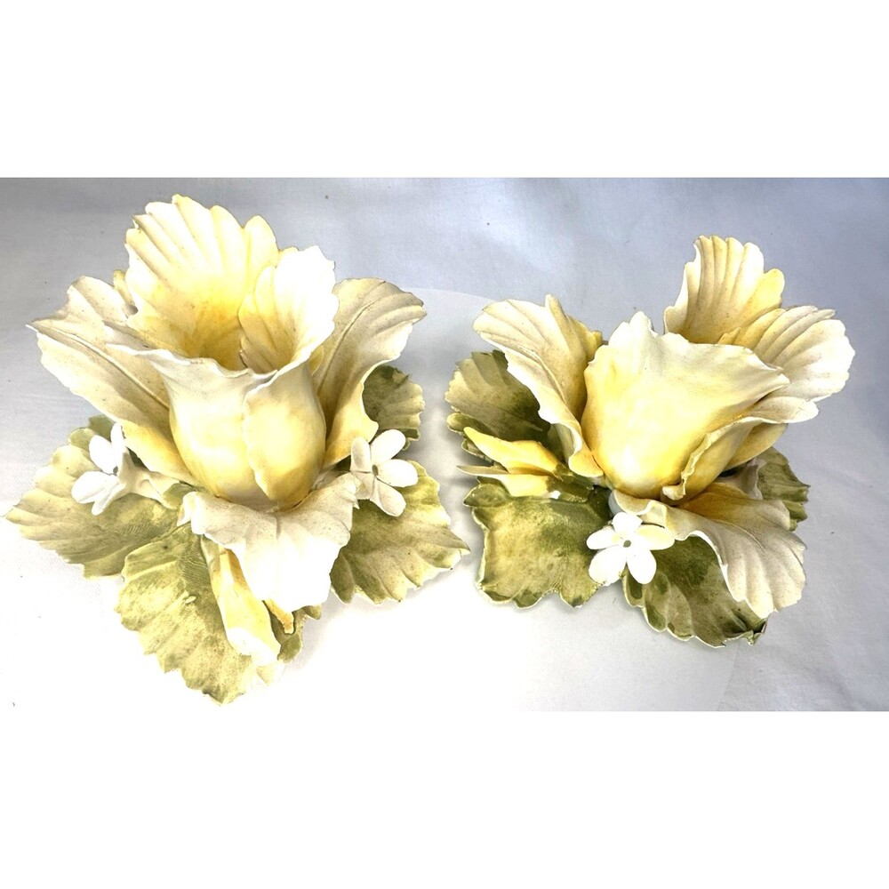 Vintage Set of 2 Mira Capodimonte Rose Single Candle Holders Yellow &White Italy
